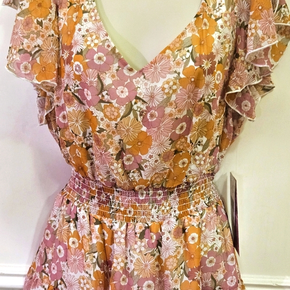 Emerald Sundae Blush Pink/Gold Floral Back Tie Cut-Out Mini Dress,Large,NWT - Picture 8 of 16